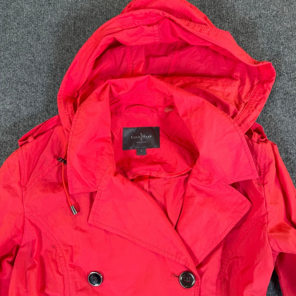 Cole Haan Red Hooded Trench Coat Double Breasted Belted Jacket‎ Small 2864